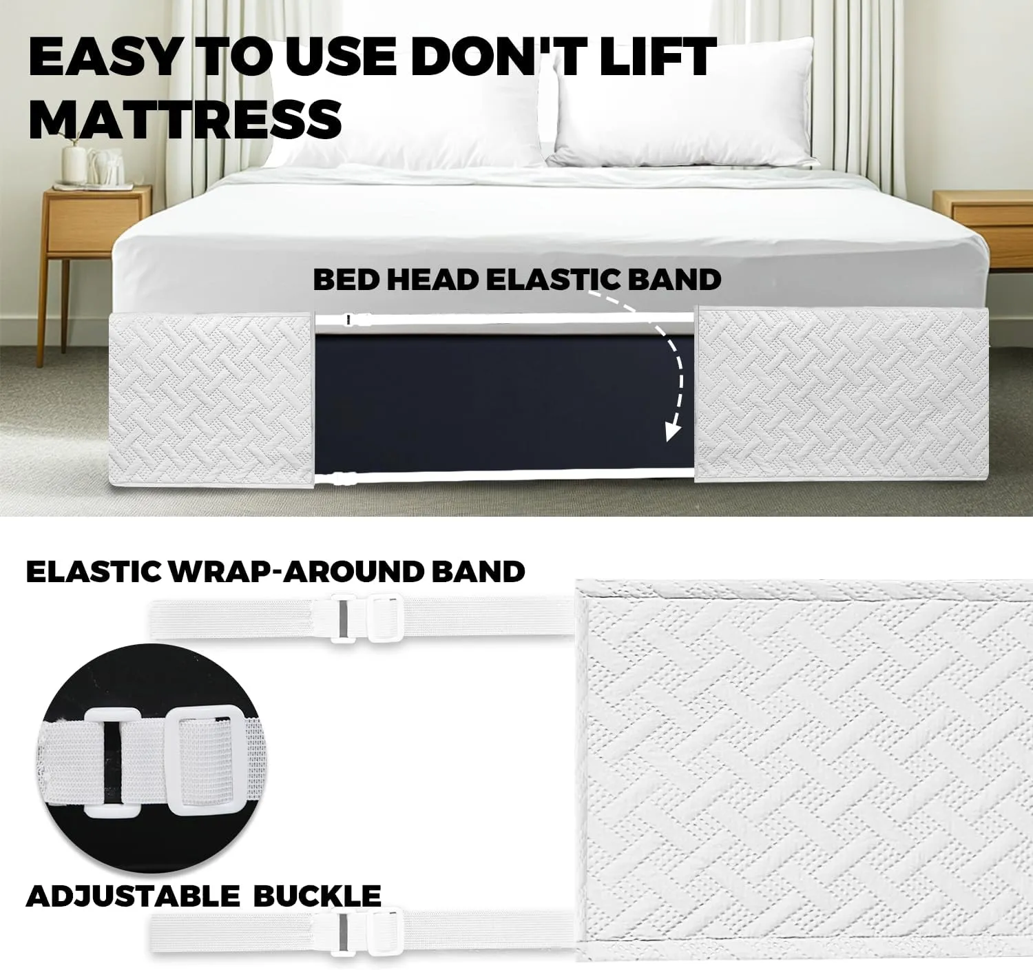 Wrap Around Bed Skirt King Size Bed Skirt,16 Inch Tailored Drop Dust Bedskirt with Adjustable Elastic Belts,Three Fabric Sides, Easy Fit, Box Spring Cover(White, King)