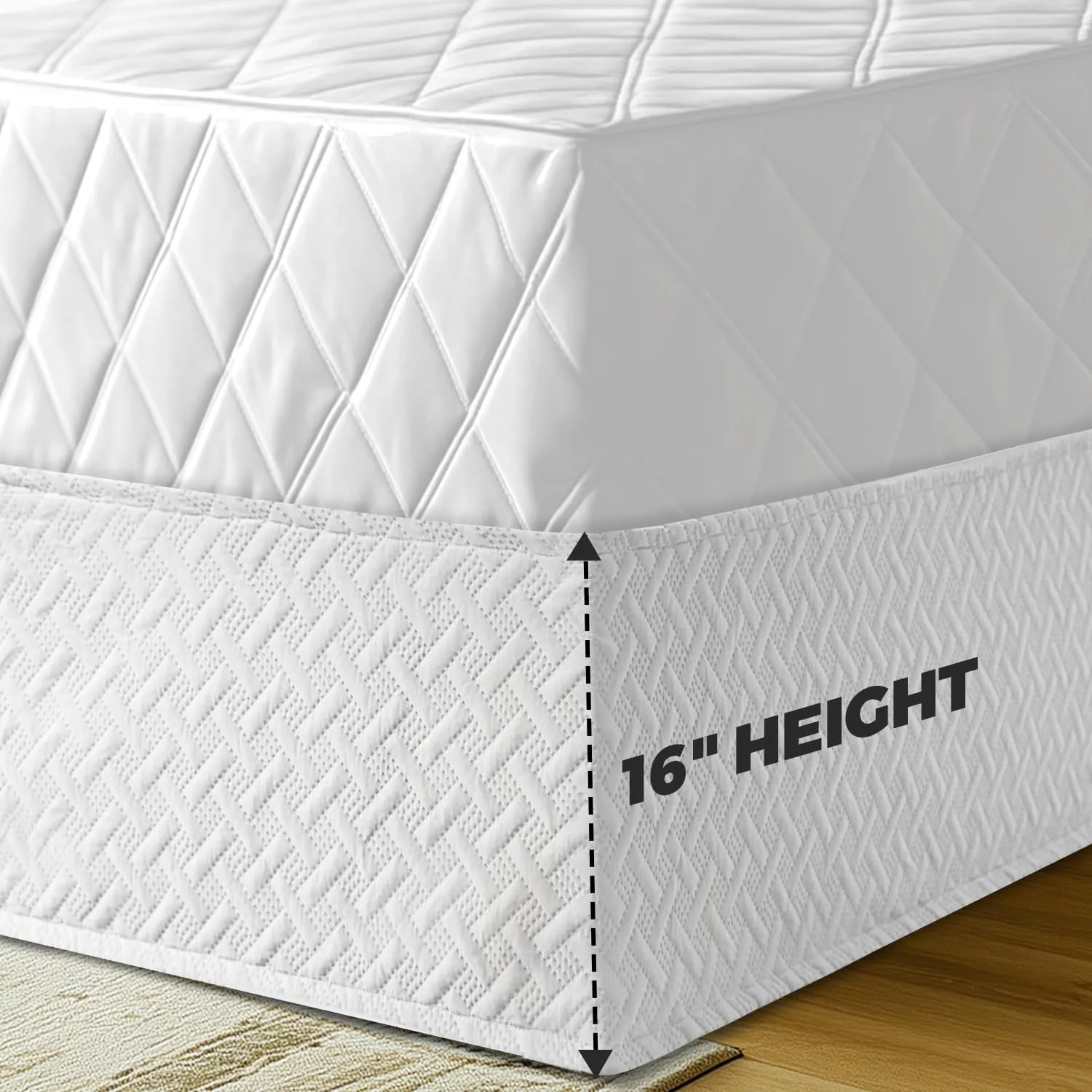 Wrap Around Bed Skirt King Size Bed Skirt,16 Inch Tailored Drop Dust Bedskirt with Adjustable Elastic Belts,Three Fabric Sides, Easy Fit, Box Spring Cover(White, King)
