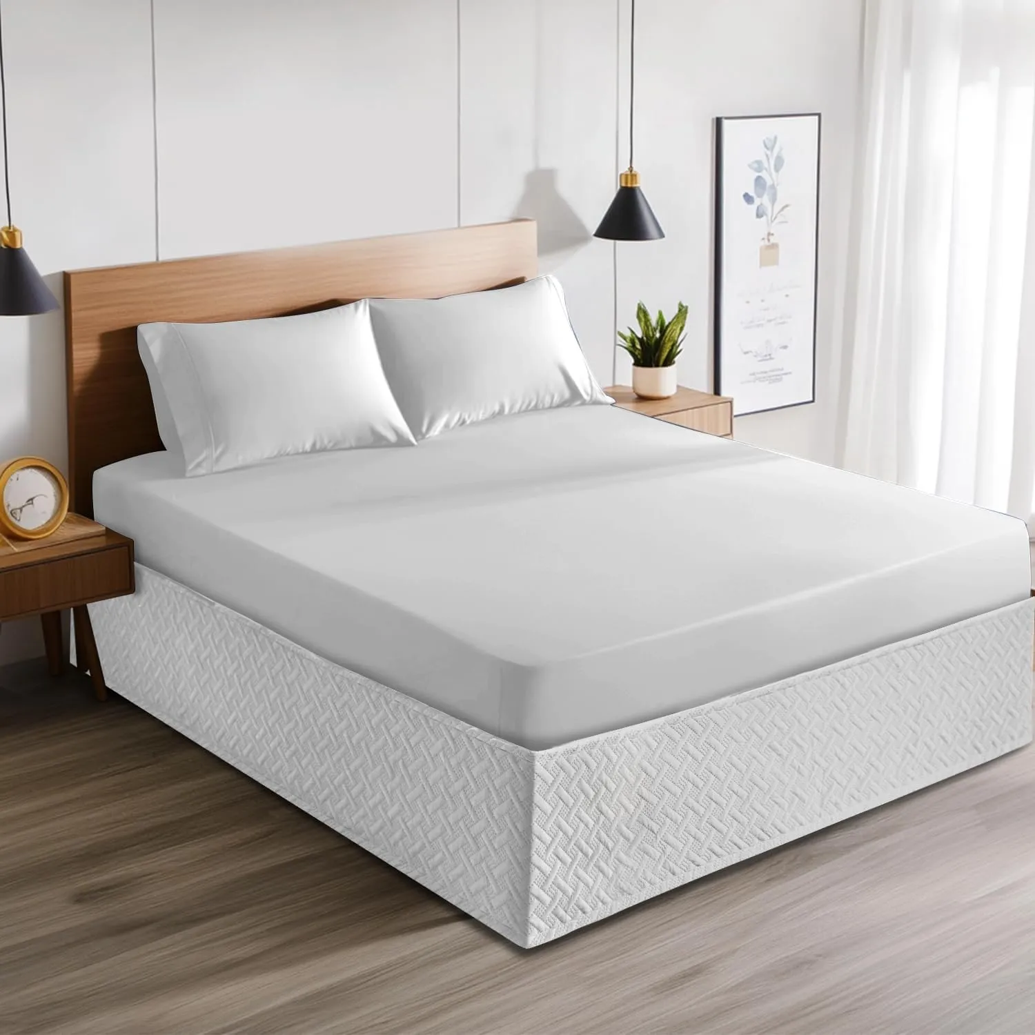 Wrap Around Bed Skirt King Size Bed Skirt,16 Inch Tailored Drop Dust Bedskirt with Adjustable Elastic Belts,Three Fabric Sides, Easy Fit, Box Spring Cover(White, King)