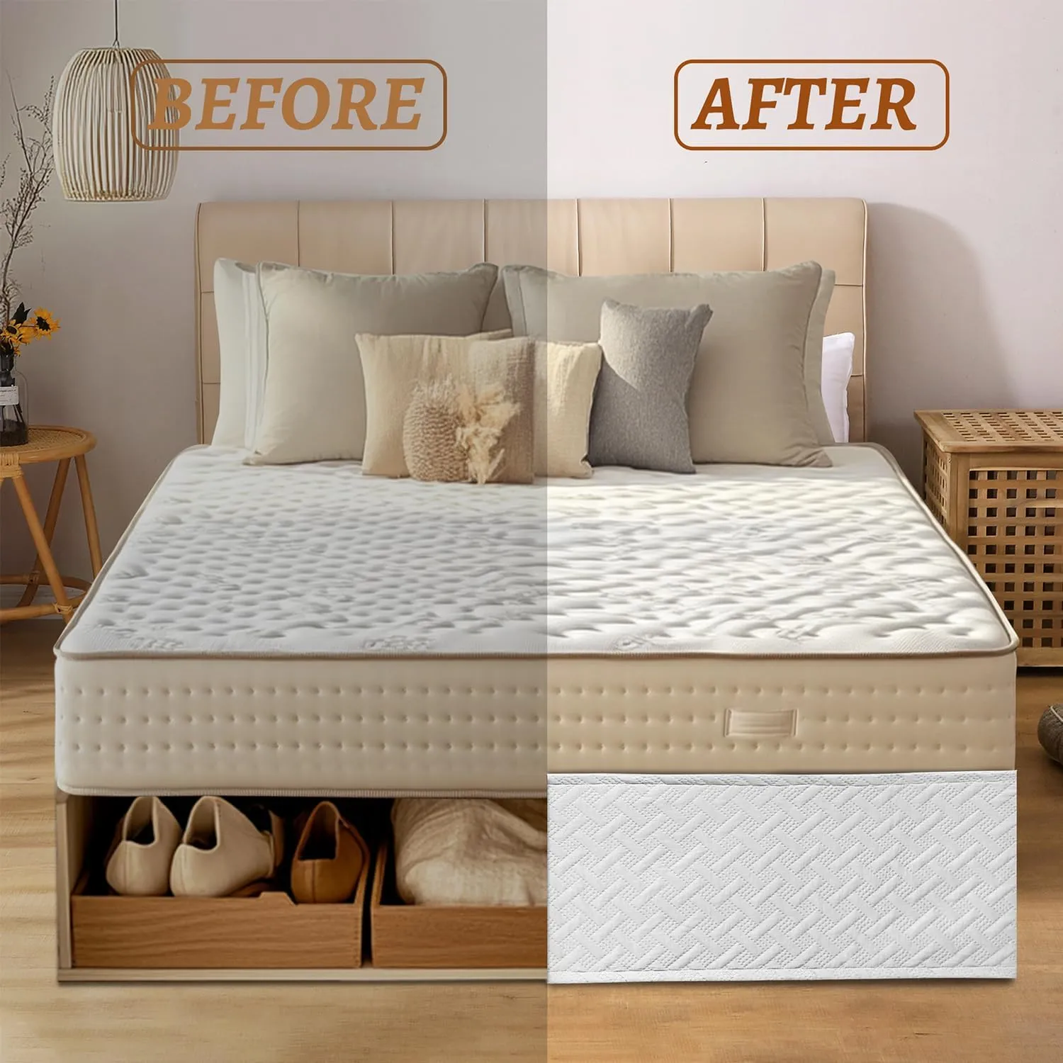 Wrap Around Bed Skirt King Size Bed Skirt,16 Inch Tailored Drop Dust Bedskirt with Adjustable Elastic Belts,Three Fabric Sides, Easy Fit, Box Spring Cover(White, King)