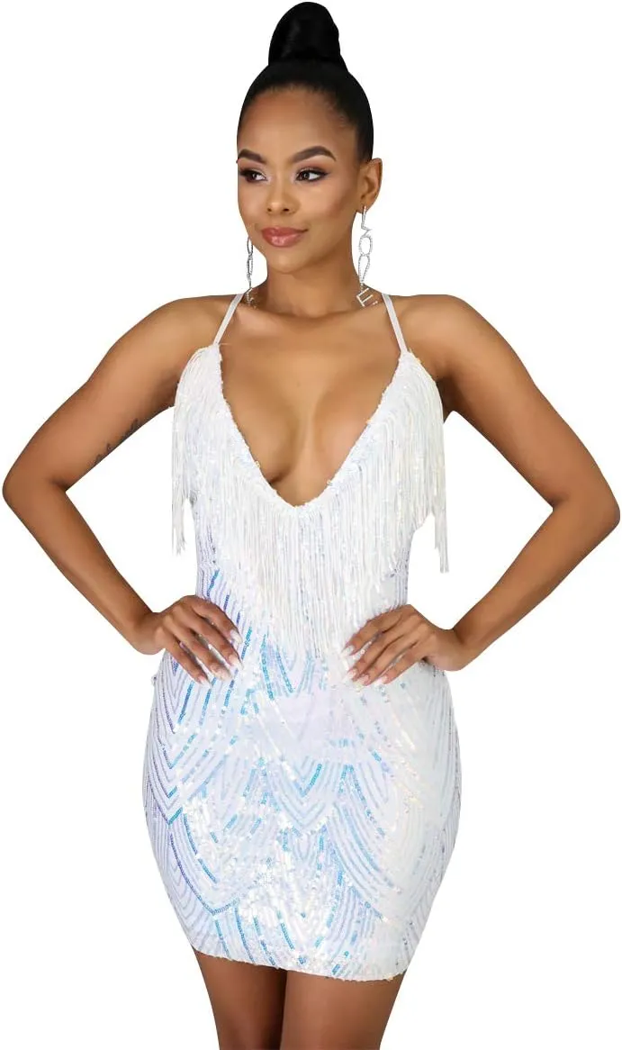 WUSENST Women's Sexy Bodycon Party Mini Dress Deep V Neck Sequin Backless Spaghetti Straps Clubwear