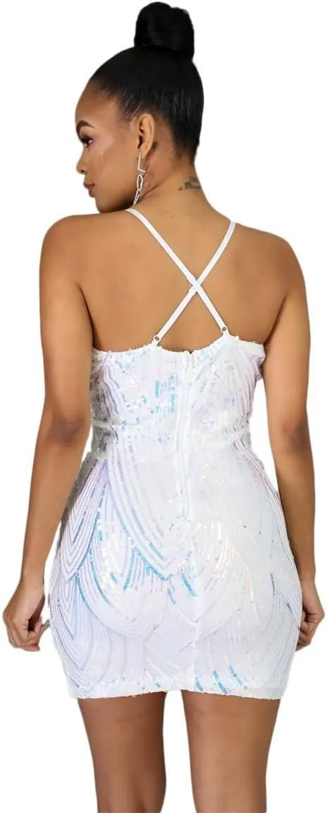 WUSENST Women's Sexy Bodycon Party Mini Dress Deep V Neck Sequin Backless Spaghetti Straps Clubwear