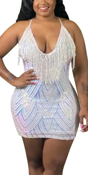 WUSENST Women's Sexy Bodycon Party Mini Dress Deep V Neck Sequin Backless Spaghetti Straps Clubwear