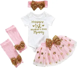 XFGLCK Newborn Infant Baby Girl My 1st Mother's Day Skirt Set Romper Tutu Pink Dot Skirt Headband Legging Warmer 4Pcs