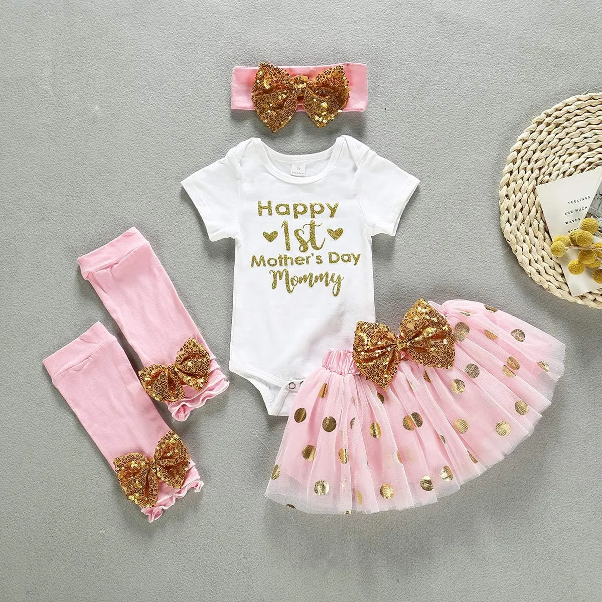 XFGLCK Newborn Infant Baby Girl My 1st Mother's Day Skirt Set Romper Tutu Pink Dot Skirt Headband Legging Warmer 4Pcs