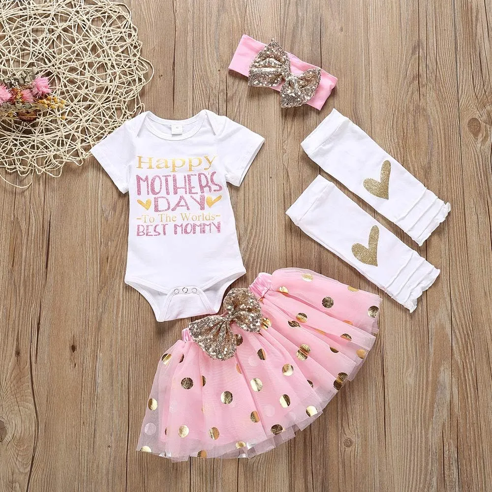 XFGLCK Newborn Infant Baby Girl My 1st Mother's Day Skirt Set Romper Tutu Pink Dot Skirt Headband Legging Warmer 4Pcs