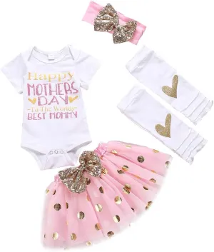 XFGLCK Newborn Infant Baby Girl My 1st Mother's Day Skirt Set Romper Tutu Pink Dot Skirt Headband Legging Warmer 4Pcs