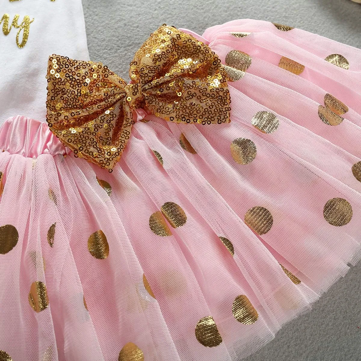 XFGLCK Newborn Infant Baby Girl My 1st Mother's Day Skirt Set Romper Tutu Pink Dot Skirt Headband Legging Warmer 4Pcs