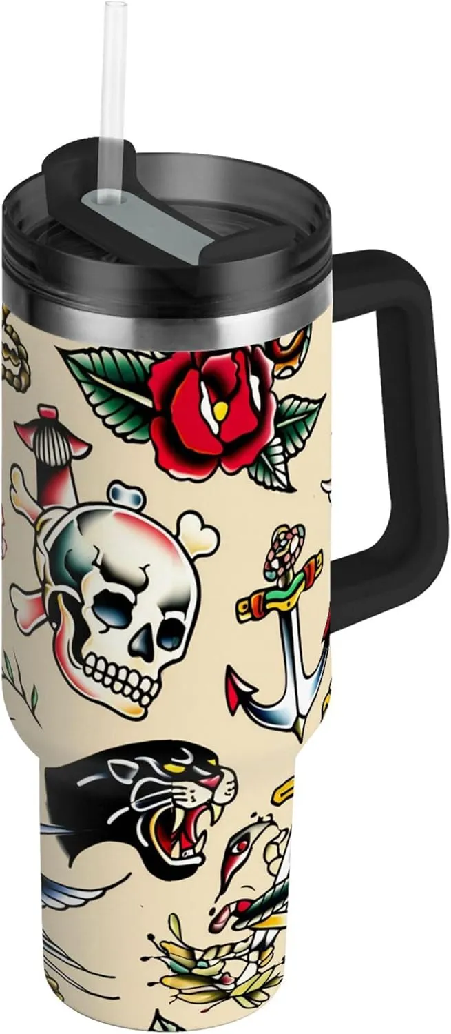 xigua 30 oz Traditional Tattoo Tumbler with Handle and Straw Lid, Stainless Steel Vacuum Insulated Sports Water Bottle, Keeps Cold or Hot Coffee Cup Travel Mug