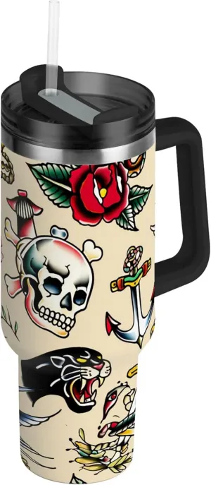 xigua 30 oz Traditional Tattoo Tumbler with Handle and Straw Lid, Stainless Steel Vacuum Insulated Sports Water Bottle, Keeps Cold or Hot Coffee Cup Travel Mug