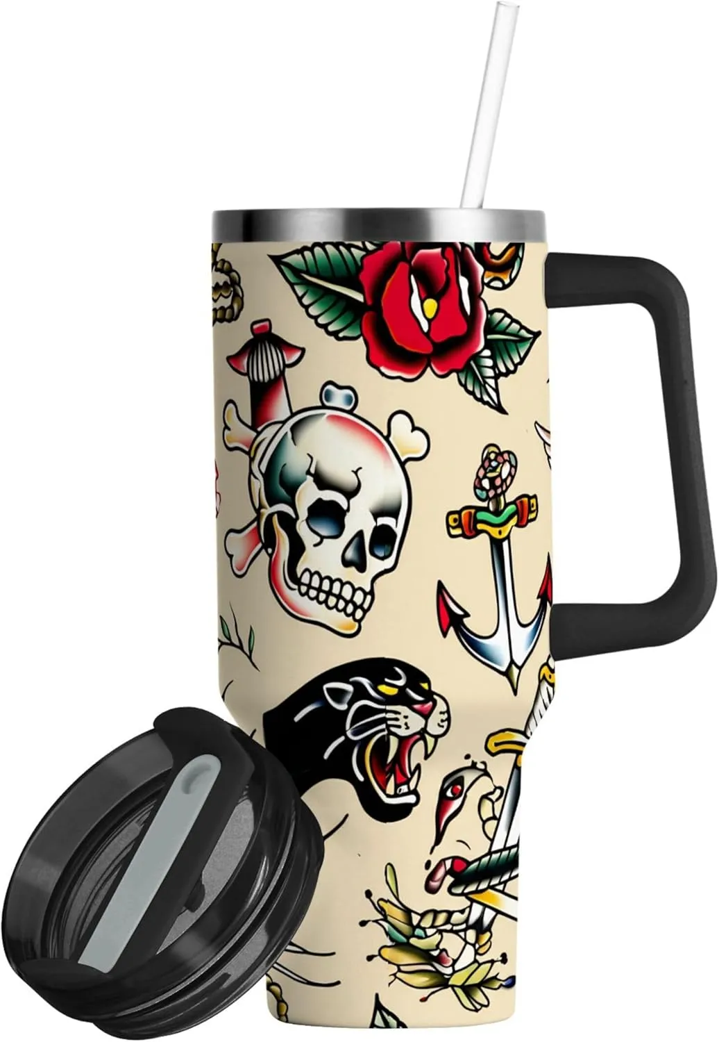 xigua 30 oz Traditional Tattoo Tumbler with Handle and Straw Lid, Stainless Steel Vacuum Insulated Sports Water Bottle, Keeps Cold or Hot Coffee Cup Travel Mug