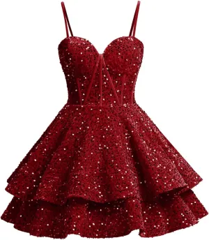 Xijun Sequin Homecoming Dresses Short Tiered Teens Sparkly HOCO Dress Backless Prom Party Cocktail Gowns