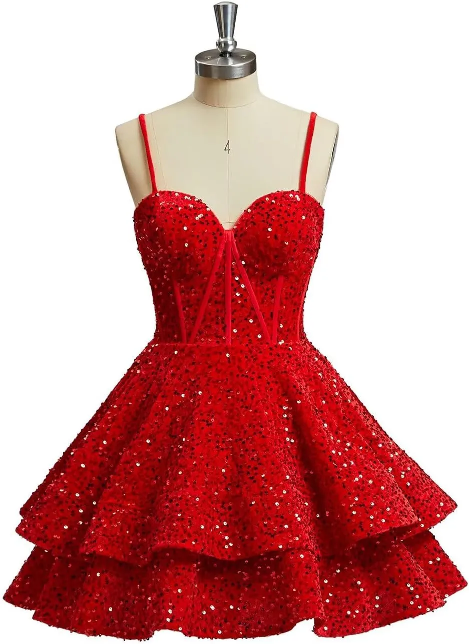 Xijun Sequin Homecoming Dresses Short Tiered Teens Sparkly HOCO Dress Backless Prom Party Cocktail Gowns
