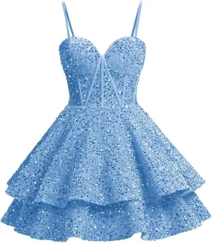 Xijun Sequin Homecoming Dresses Short Tiered Teens Sparkly HOCO Dress Backless Prom Party Cocktail Gowns