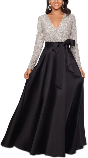 Xscape V-Neck Long Sleeve Sequin Top Waistband with Bow Gown, Black & Silver, 12P