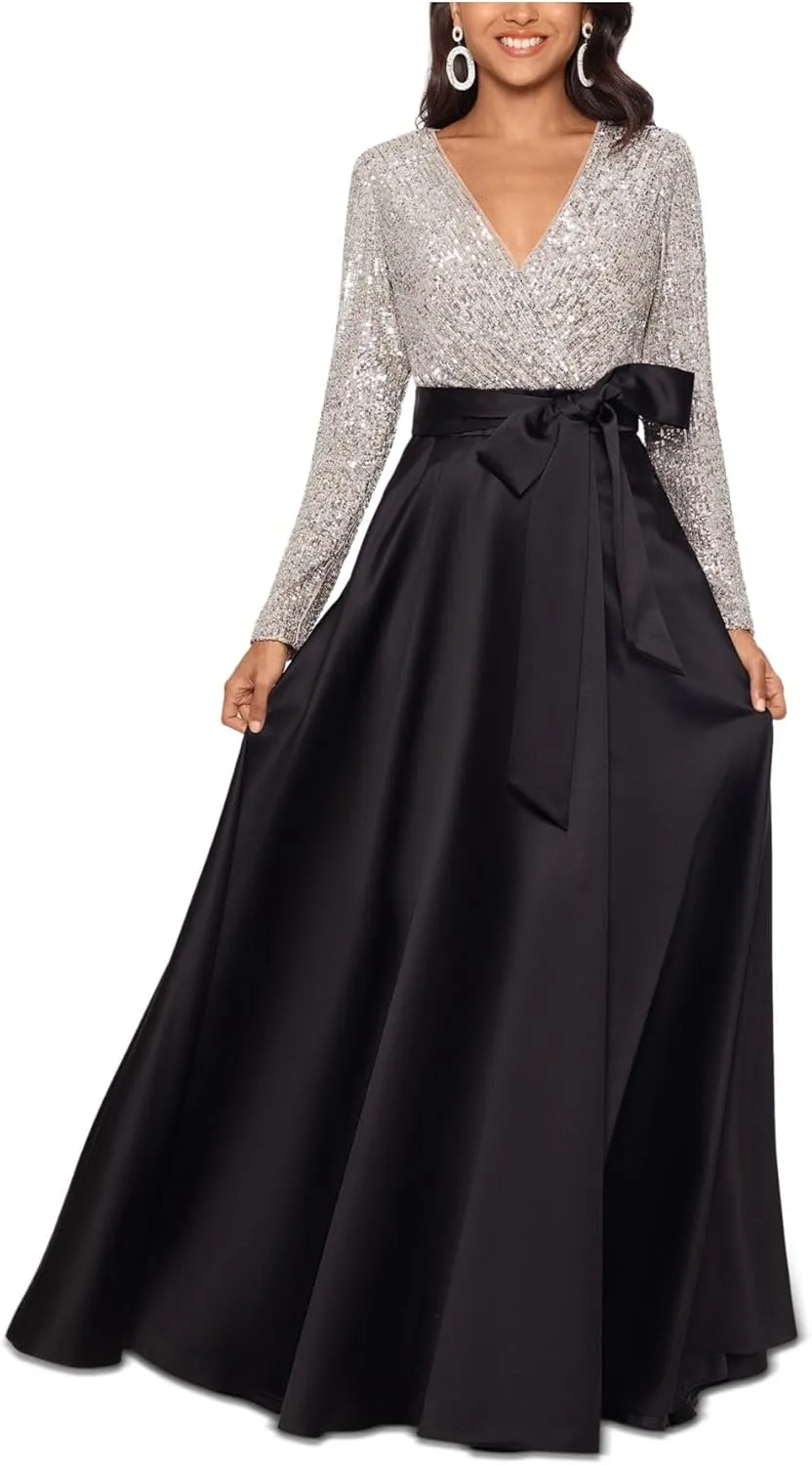 Xscape V-Neck Long Sleeve Sequin Top Waistband with Bow Gown, Black & Silver, 12P