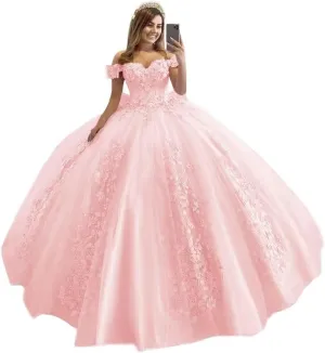 XYAYE Women's Off Shoulder Quinceanera Dresses 3D Flowers Puffy Ball Gown Lace Beaded Prom Dress for Sweet 15 16 XY069