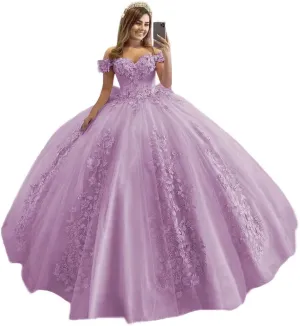 XYAYE Women's Off Shoulder Quinceanera Dresses 3D Flowers Puffy Ball Gown Lace Beaded Prom Dress for Sweet 15 16 XY069