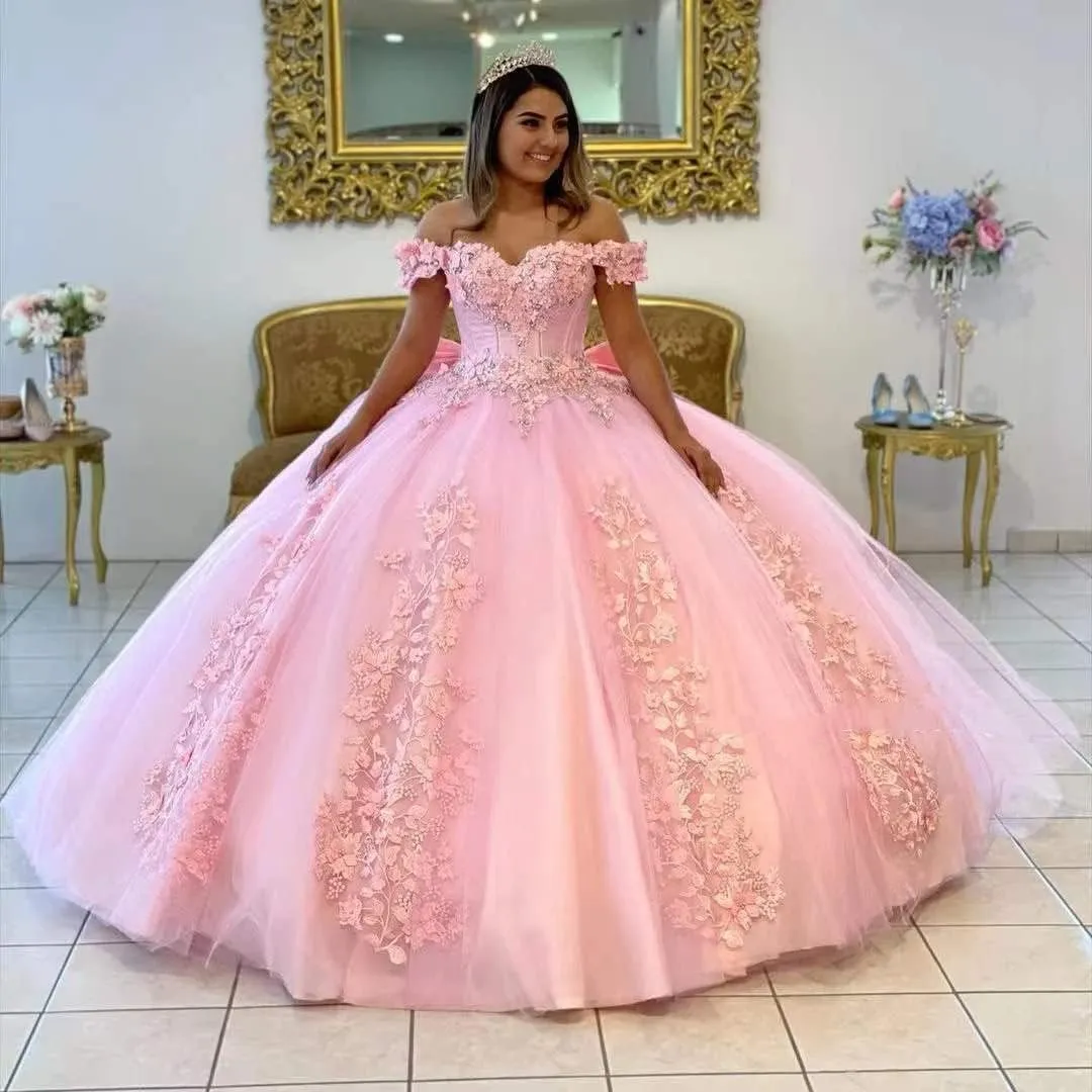 XYAYE Women's Off Shoulder Quinceanera Dresses 3D Flowers Puffy Ball Gown Lace Beaded Prom Dress for Sweet 15 16 XY069