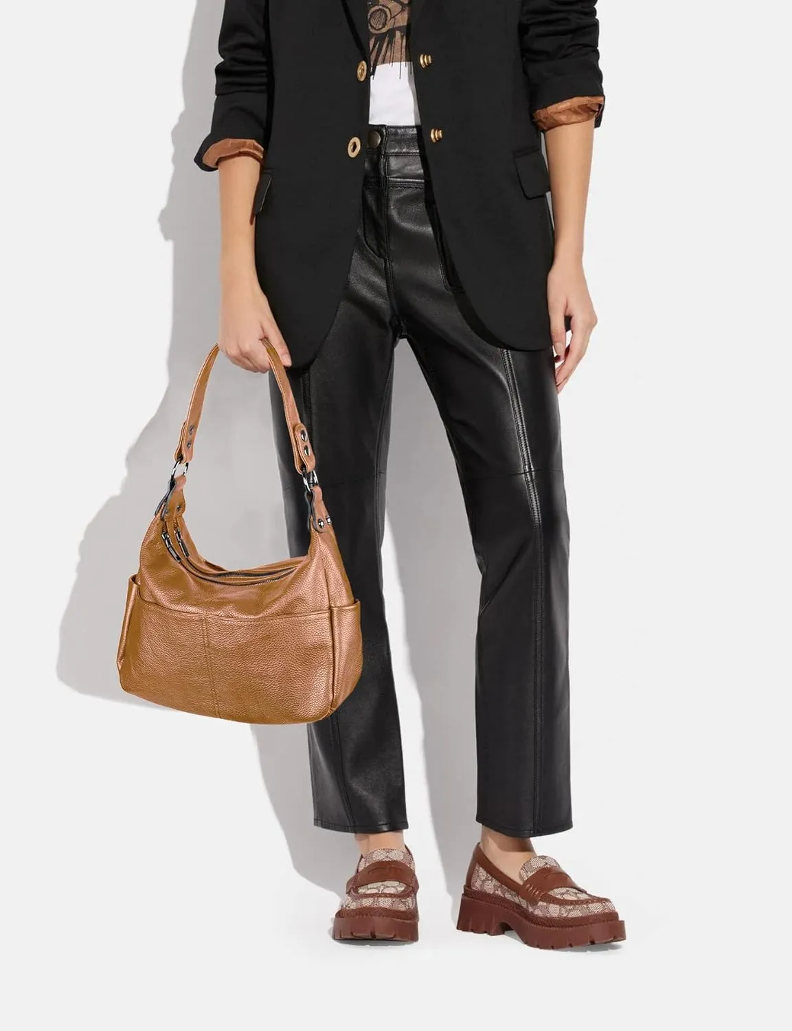 YALUXE Women's Genuine Leather Shoulder Bags Hobo Handbags Purses with Double Zipper Pockets and Crossbody Strap