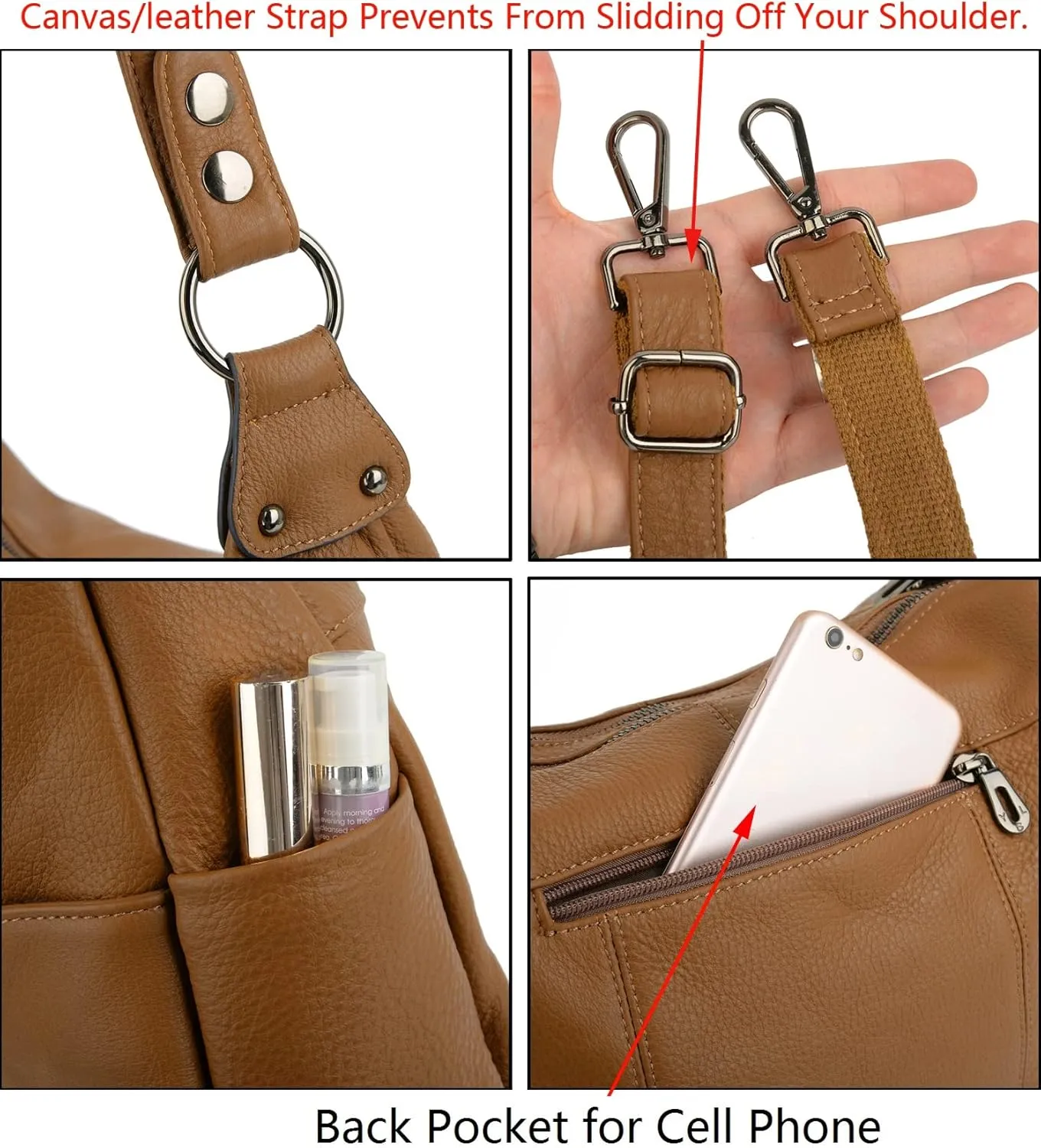 YALUXE Women's Genuine Leather Shoulder Bags Hobo Handbags Purses with Double Zipper Pockets and Crossbody Strap