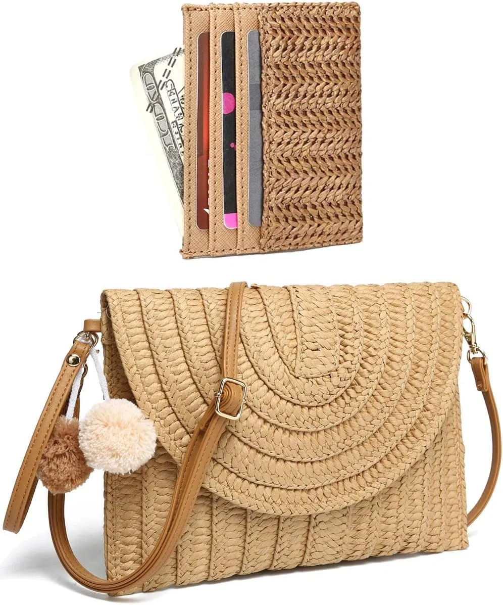 YIKOEE Straw Bag and Card Holder Set for Women Summer Beach Purse Woven Bag With PomPom