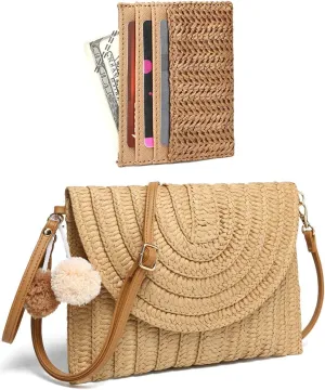 YIKOEE Straw Bag and Card Holder Set for Women Summer Beach Purse Woven Bag With PomPom