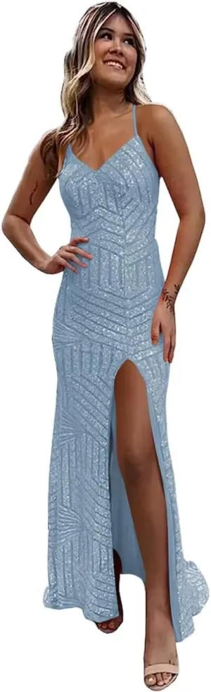 YOFF Sequin V Neck Mermaid Prom Dresses Sparkly Formal Dress Spaghetti Strap Evening Gowns YO095