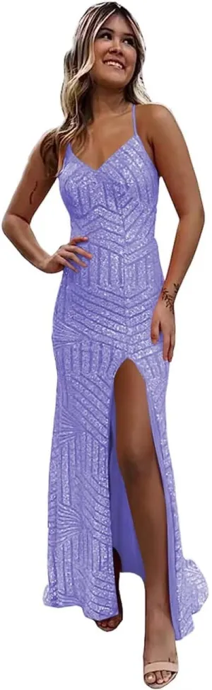 YOFF Sequin V Neck Mermaid Prom Dresses Sparkly Formal Dress Spaghetti Strap Evening Gowns YO095