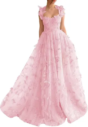 YUAOHUANG Corset Long Tulle Prom Dresses Butterfly Prom Dress for Women Lace Applique Fairy Ball Gown Butterfly Gowns