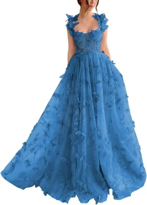 YUAOHUANG Corset Long Tulle Prom Dresses Butterfly Prom Dress for Women Lace Applique Fairy Ball Gown Butterfly Gowns