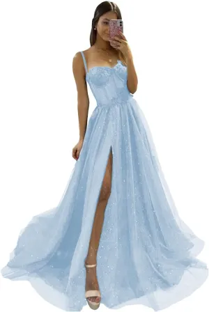 YUAOHUANG Glitter Tulle Prom Dresses Long 2024 3D Lace Flower Appliques Ball Gown Formal Dress for Evening Wedding Slit