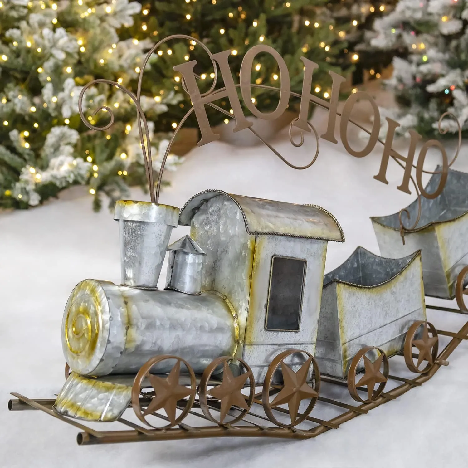 Zaer Ltd. Metal Christmas Train on Tracks Decoration, 3ft Long (Galvanized Ho Ho Ho)