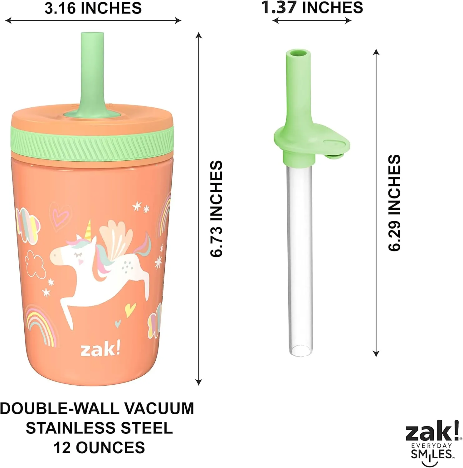 Zak Designs Unicorn Kelso Tumbler Set, Leak-Proof Screw-On Lid with Straw, Bundle for Kids Includes Plastic and Stainless Steel Cups with Bonus Sipper, 3pc Set, Non-BPA, 15 fl.oz.