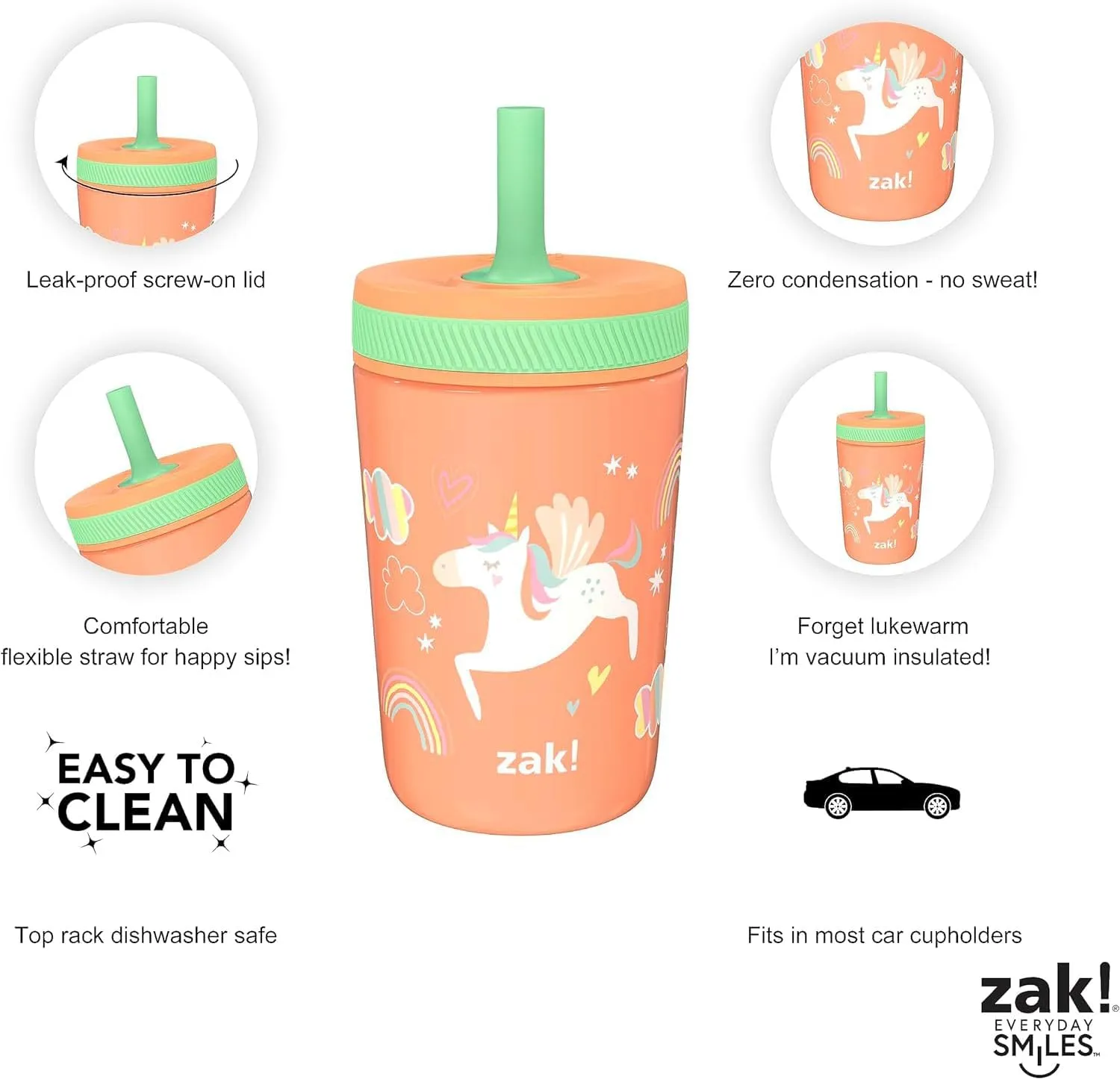 Zak Designs Unicorn Kelso Tumbler Set, Leak-Proof Screw-On Lid with Straw, Bundle for Kids Includes Plastic and Stainless Steel Cups with Bonus Sipper, 3pc Set, Non-BPA, 15 fl.oz.
