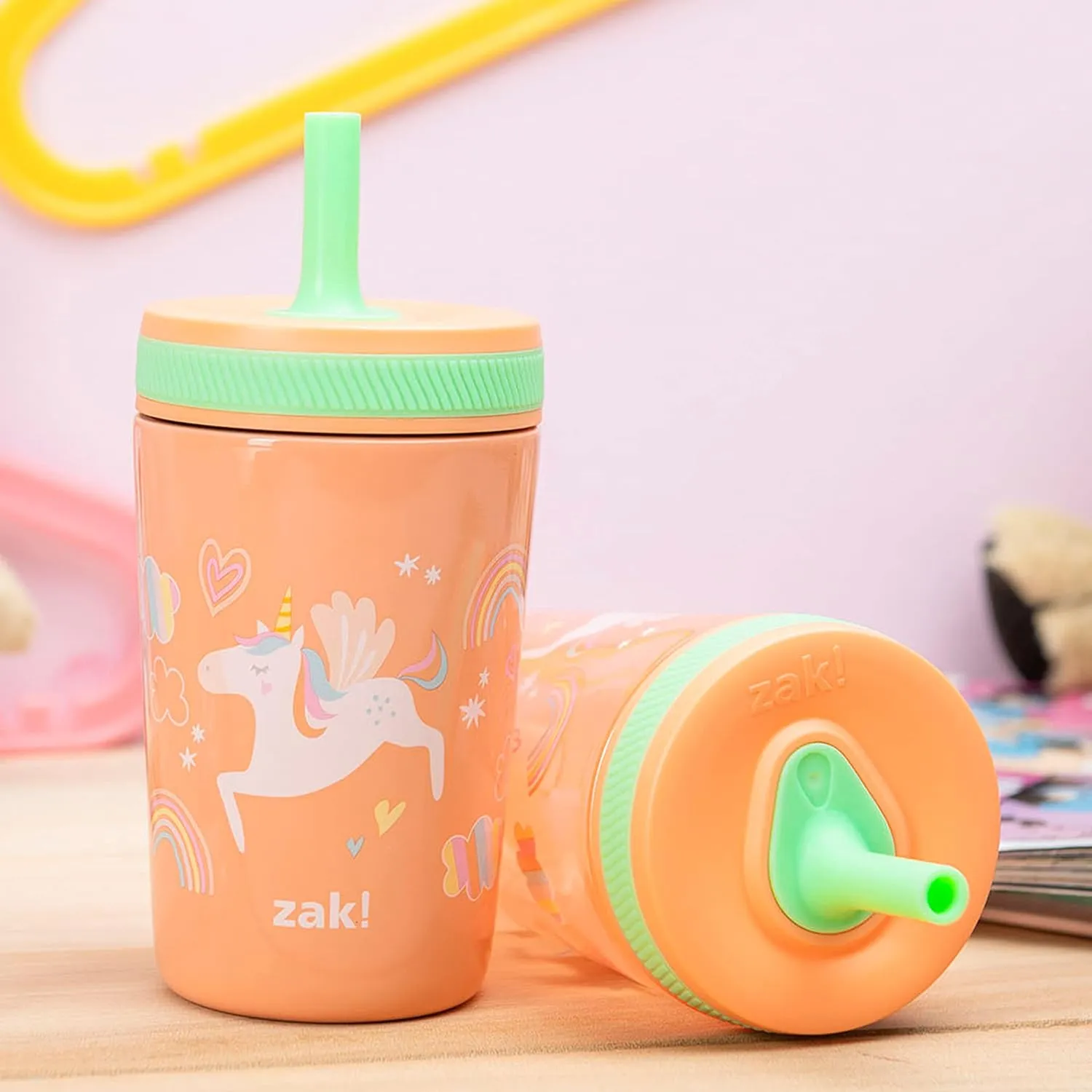 Zak Designs Unicorn Kelso Tumbler Set, Leak-Proof Screw-On Lid with Straw, Bundle for Kids Includes Plastic and Stainless Steel Cups with Bonus Sipper, 3pc Set, Non-BPA, 15 fl.oz.