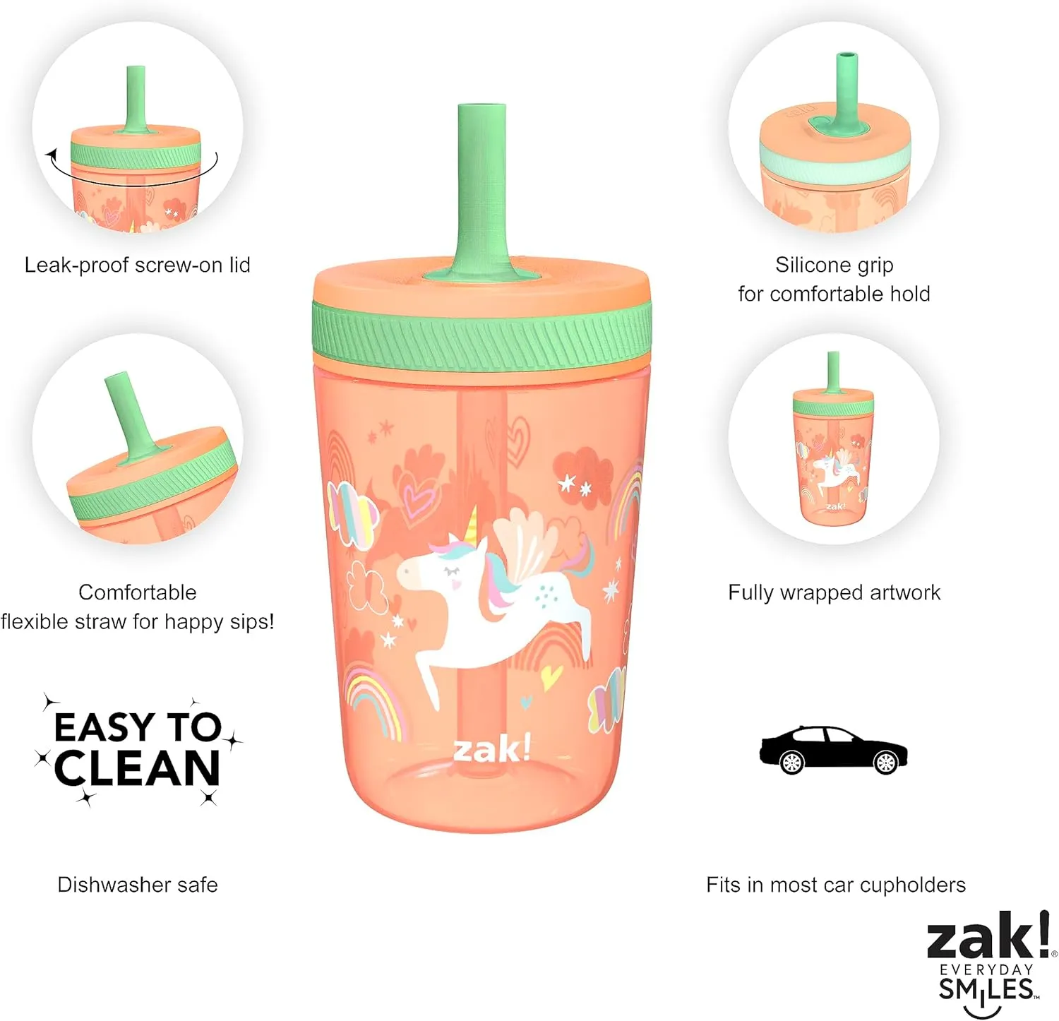 Zak Designs Unicorn Kelso Tumbler Set, Leak-Proof Screw-On Lid with Straw, Bundle for Kids Includes Plastic and Stainless Steel Cups with Bonus Sipper, 3pc Set, Non-BPA, 15 fl.oz.