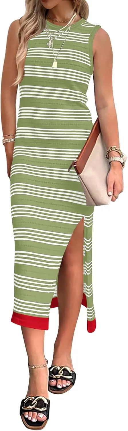 Zeagoo Womens Bodycon Midi Dresses Summer Casual Sleeveless Dress Women Knit Side Slit Striped 2025 Long Tank Dress