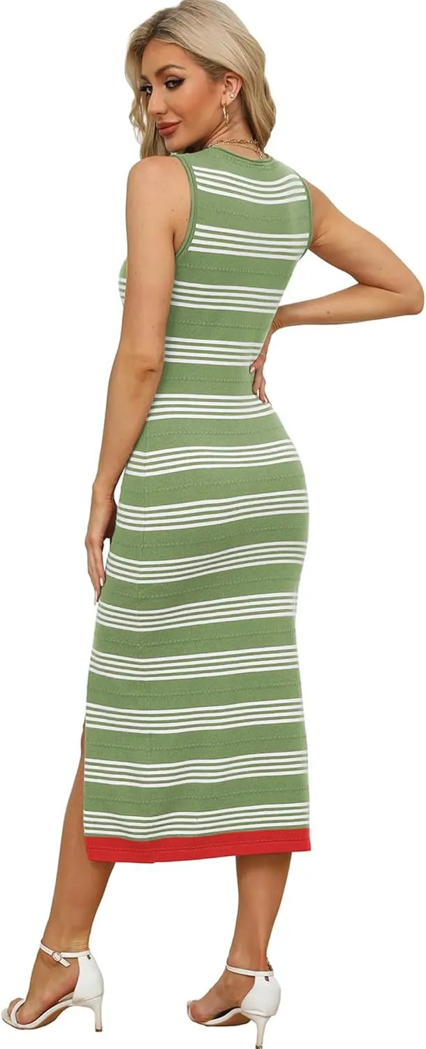 Zeagoo Womens Bodycon Midi Dresses Summer Casual Sleeveless Dress Women Knit Side Slit Striped 2025 Long Tank Dress