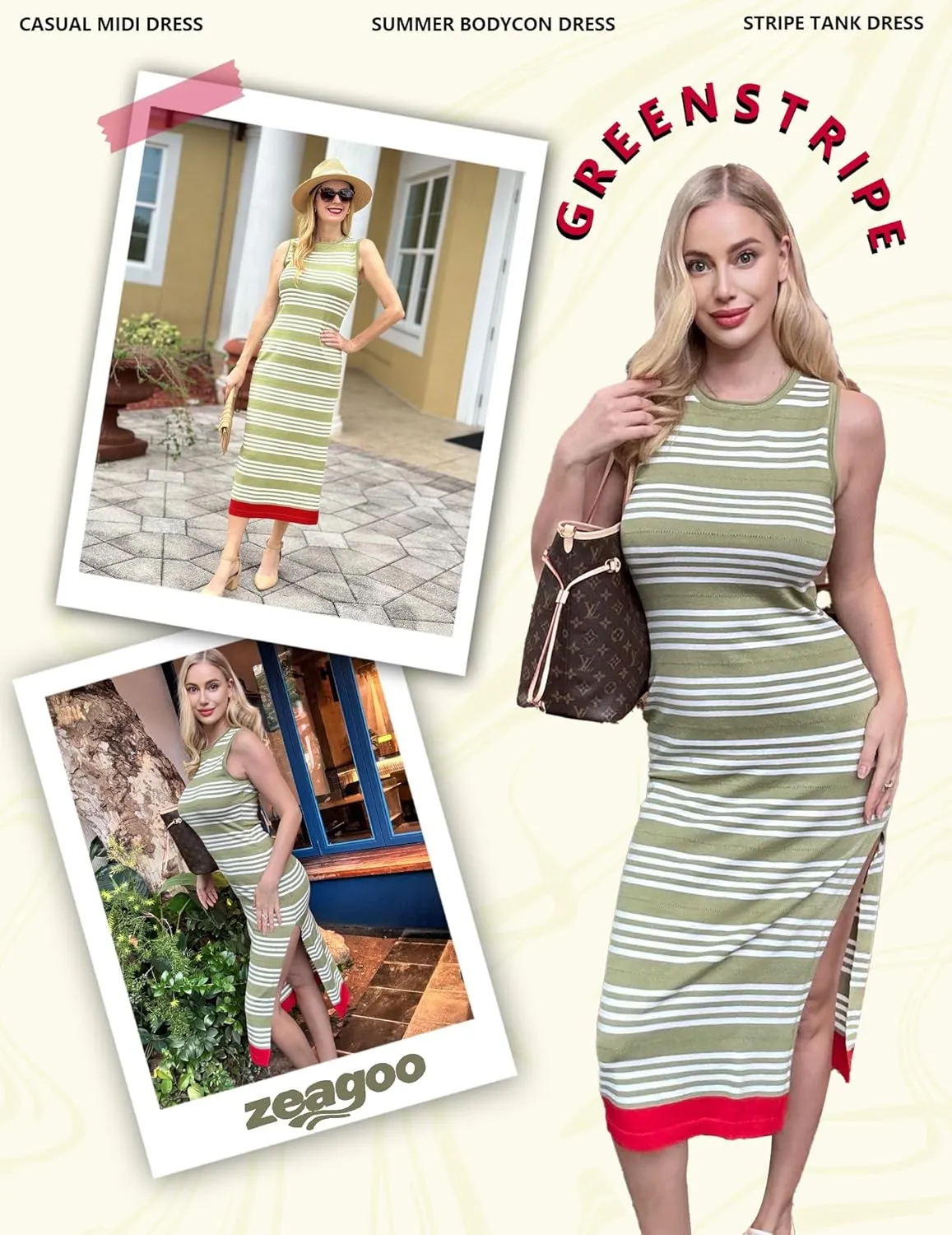 Zeagoo Womens Bodycon Midi Dresses Summer Casual Sleeveless Dress Women Knit Side Slit Striped 2025 Long Tank Dress