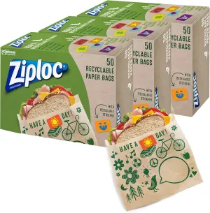 Ziploc Paper Sandwich and Snack Bags, Recyclable & Sealable with Fun Designs, 150 Bags Total