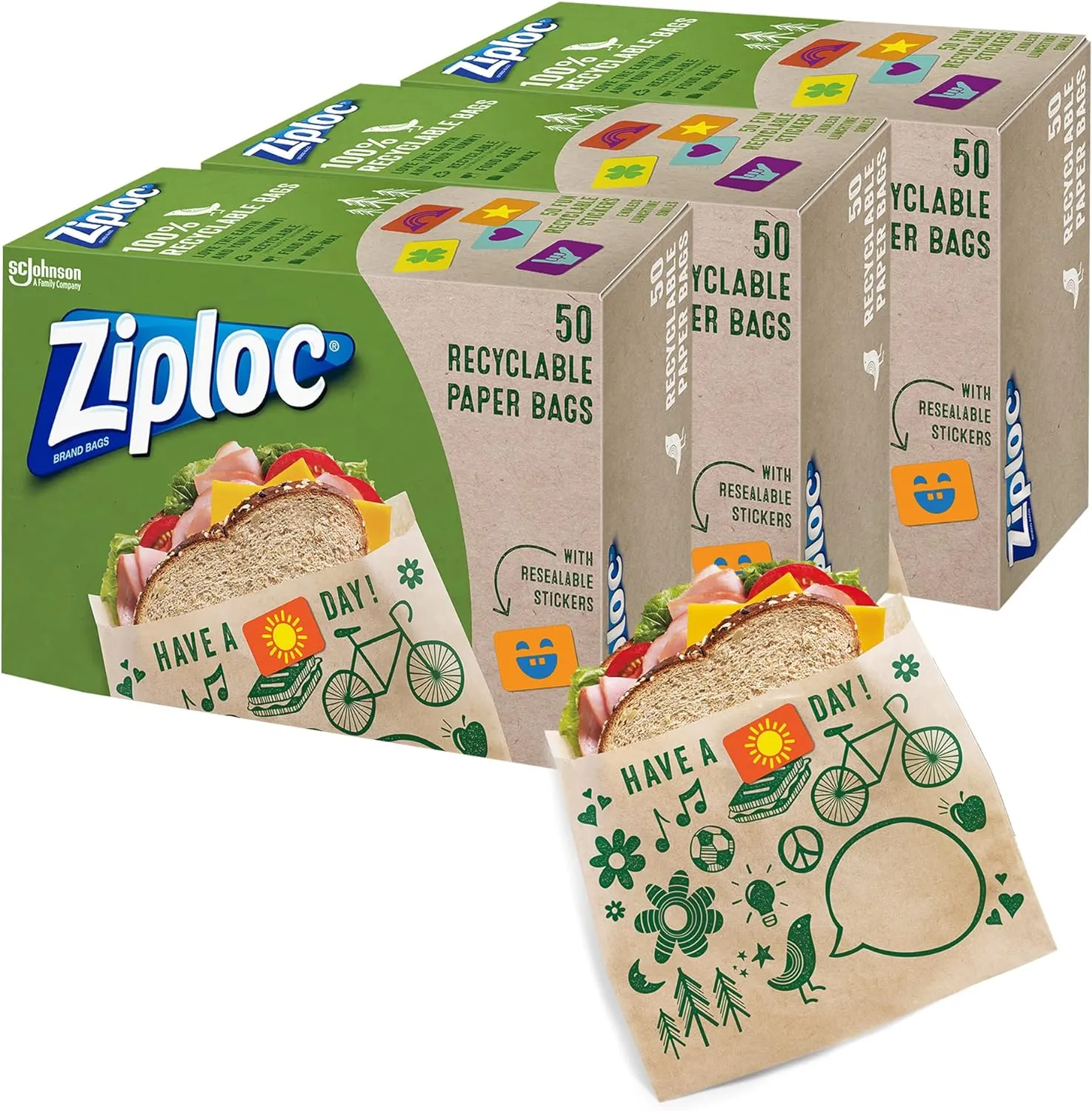 Ziploc Paper Sandwich and Snack Bags, Recyclable & Sealable with Fun Designs, 150 Bags Total